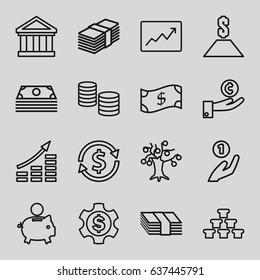 Investment icons set. set of 16 investment outline icons such as line graph, money, dollar, dollar gear, crown, bank, coin on hand, money growth, piggy bank, hand on coin