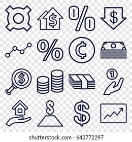 Investment icons set. set of 16 investment outline icons such as coin, dollar down, line graph, house insurance, coin, dollar, coin on hand, money, dolar growth, dollar search