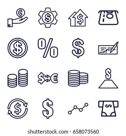 Investment icons set. set of 16 investment outline icons such as coin, atm money withdraw, line graph, coin, dollar, dollar gear, money exchange, dolar growth, check