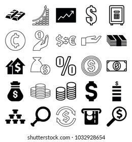 Investment icons. set of 25 editable filled and outline investment icons such as coin, money, dolar growth, dollar search, gold, line graph, dollar, safe, percent, coin