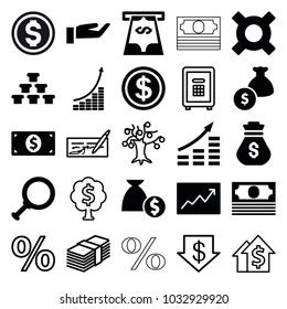 Investment icons. set of 25 editable filled and outline investment icons such as money growth, dollar search, gold, money bag, line graph, dolar growth, check, safe, percent