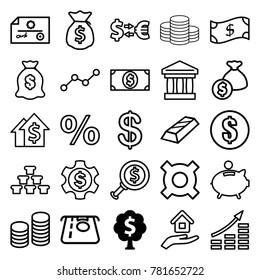 Investment icons. set of 25 editable outline investment icons such as money tree, coin, atm money withdraw, percent, dolar growth, dollar search, check, bank