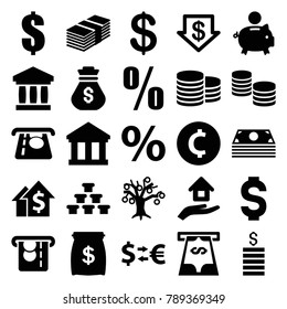 Investment icons. set of 25 editable filled investment icons such as coin, atm money withdraw, dollar down, money, dollar, bank, coin, percent, piggy bank, dolar growth, gold