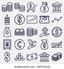 Investment icons set. set of 25 investment outline icons such as coin, money sack, atm money withdraw, dollar, safe, bank, line graph, house insurance, coin, crown, check