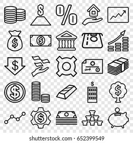 Investment icons set. set of 25 investment outline icons such as coin, atm money withdraw, dollar down, money on hand, bank, line graph, house insurance, piggy bank, check
