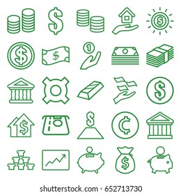 Investment icons set. set of 25 investment outline icons such as atm money withdraw, money on hand, bank, line graph, house insurance, coin, piggy bank, dollar, dollar coin