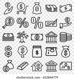 Investment icons set. set of 25 investment outline icons such as coin, atm money withdraw, dollar, money sack, bank, crown, coin on hand, hand on coin, dolar growth, check