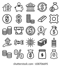 Investment icons set. set of 25 investment outline icons such as coin, money sack, dollar, atm money withdraw, bank, house insurance, coin, dollar coin, piggy bank