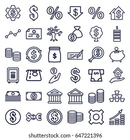 Investment icons set. set of 36 investment outline icons such as coin, atm money withdraw, dollar down, safe, bank, line graph, house insurance, coin, piggy bank, money dollar