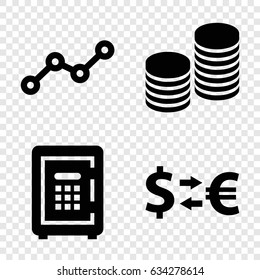 Investment icons set. set of 4 investment filled icons such as safe, line graph, coin