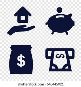 Investment icons set. set of 4 investment filled icons such as atm money withdraw, house insurance, piggy bank