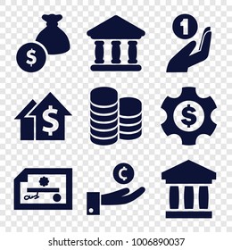Investment icons. set of 9 editable filled investment icons such as hand on coin, dolar growth, check, bank, money bag, dollar gear, coin on hand