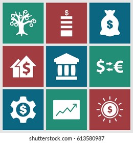 Investment icons set. set of 9 investment filled icons such as Coin, money sack, line graph, dollar in sun, dollar gear, money exchange, money tree, dolar growth