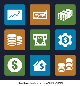 Investment icons set. set of 9 investment filled icons such as coin, atm money withdraw, line graph, coin, money, dollar gear, dolar growth