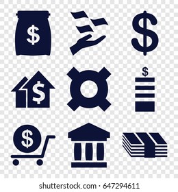 Investment icons set. set of 9 investment filled icons such as coin, dollar, money on hand, money sack, money, dolar growth, bank