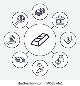 investment icons set. Set of 9 investment outline icons such as dollar down, bank, house insurance, money, coin on hand, dollar search, gold