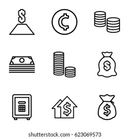 Investment icons set. set of 9 investment outline icons such as money sack, safe, money, dollar, coin