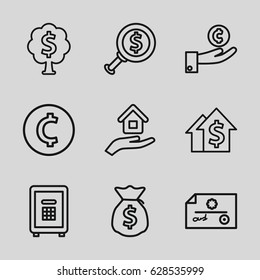 Investment icons set. set of 9 investment outline icons such as safe, house insurance, money tree, money sack, coin, hand on coin, dolar growth, dollar search