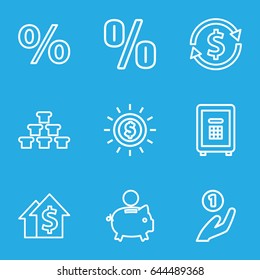 Investment icons set. set of 9 investment outline icons such as safe, coin on hand, percent, piggy bank, dolar growth, money exchange, gold