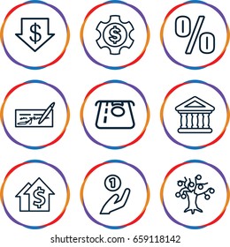 Investment icons set. set of 9 investment outline icons such as atm money withdraw, dollar down, bank, dollar gear, coin on hand, money tree, dolar growth, check