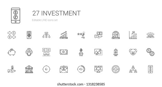investment icons set. Collection of investment with coin, vector, percentage, salary, museum, funds, image, saving, cash, bank, exchange. Editable and scalable investment icons.