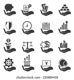 investment icons set, hand holding money objects