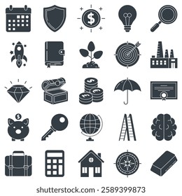 Investment icons set, Included icons as Briefcase, Ladder, Gold Bar, Calculator and more symbols collection, logo isolated vector illustration