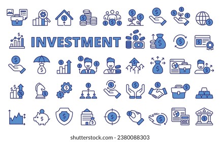 Iconos de inversión establecidos en azul de diseño de línea. Negocios, Finanzas, Riqueza, Crecimiento, Ingresos, Dinero, Inversor, Cartera, Riesgo, Inflación, Bonos, Interés, Estrategia, ilustraciones vectoriales. Iconos de trazo editable