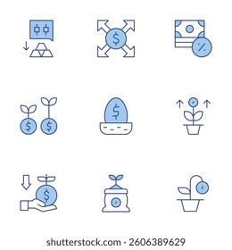 Investment icons set. Line Duotone style, editable stroke. nest, gold bars, cost, currency, investment, plant, growth, bad investment.