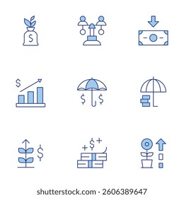 Investment icons set. Line Duotone style, editable stroke. budget, investment, insurance, investment insurance, growth, equity, operational cost.