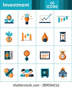 Investment icons set with market analysis stock exchange symbols isolated vector illustration