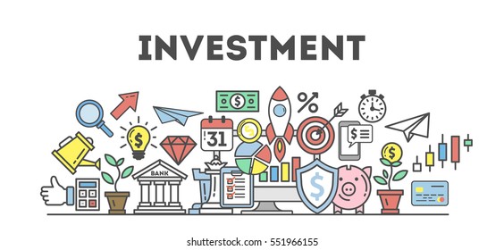 Investment icons set on white background. Colorful creative icons as piggy bank, arrows, gear, money and rocket. All icons in a heap.