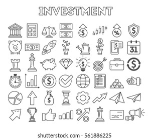 Investment icons set on white background. Colorful creative icons as piggy bank, arrows, gear, money and rocket. Black and white.