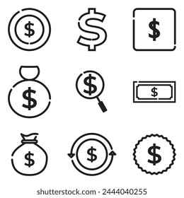 Investment icons set. outline icons such as money sacks,