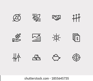 Investment icons set. Investment target and investment icons with business progress, profit and gold. Set of fund for web app logo UI design.