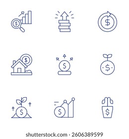 Investment icons set. Thin Line style, editable stroke. increase, liability, growth, circular economy, bad investment, investment, house.
