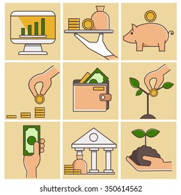 Investment icons set . Vector illustration for website , book cover , poster , infographics .