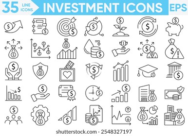 Ícones de investimento definem um ilustrador vetorial. Finanças, Lucro, Ativo, Investidor, economia. simples ícones de estrutura de tópicos set.vetor e conjunto de ilustradores.