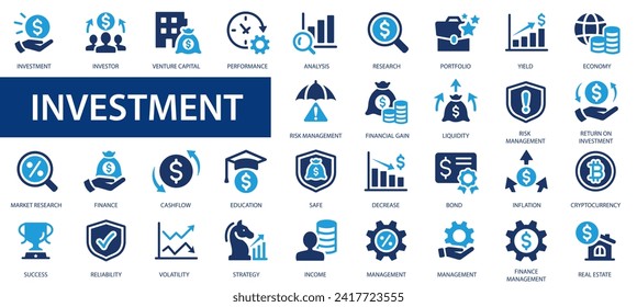 Investment icons set. Vector symbols collection Profit, Economy, Asset, Investor, Financial gain, Portfolio icons and other.