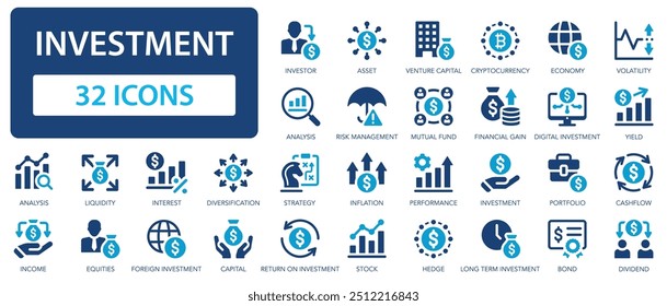 Conjunto de ícones de investimento. Coleção de símbolos vetoriais Lucro, Economia, Ativo, Investidor, Ganho financeiro, Carteira.