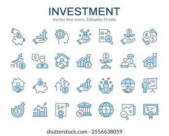 Investment icons such as currency exchange, financial goal, piggy bank and more. Vector illustration. Editable stroke. Change to any size and any color.