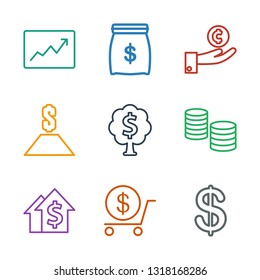 investment icons. Trendy 9 investment icons. Contain icons such as Coin, dollar, dolar growth, money, money tree, hand on coin, money sack. investment icon for web and mobile.
