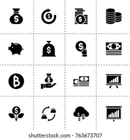 Investment icons. vector collection filled investment icons. includes symbols such as money, dollar cloud, dollar, money flower, piggy bank, coin, graph on board, coins