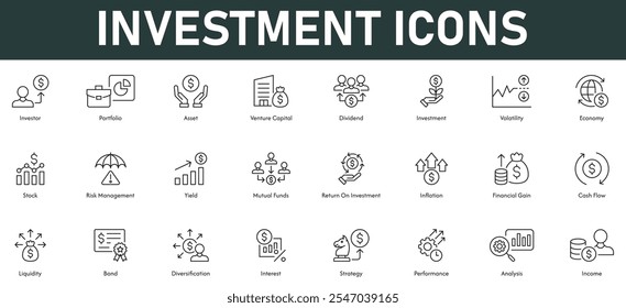 Investment Icons vector illustration with thin line editable stroke containing portfolio asset dividend volatility economy stock risk management mutual funds ROI inflation cash flow bond