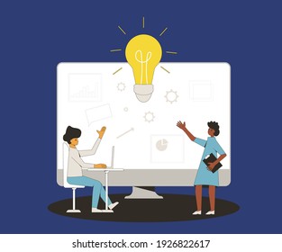 Investment idea. Financial advisor and analyst. Minor shareholders. People with huge computer monitor. Vector illustration.