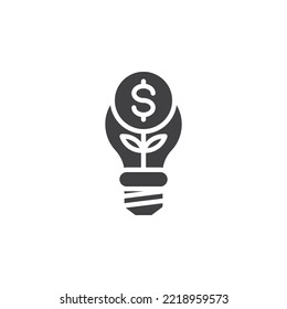 Investment ideas vector icon. filled flat sign for mobile concept and web design. Light bulb with money plant glyph icon. Symbol, logo illustration. Vector graphics