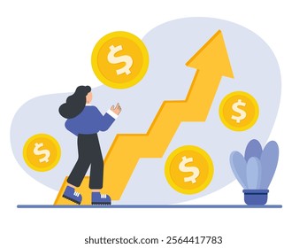 Investment Illustration, Analyzing Wealth Accumulation, Stacked Coins with Financial Growth Chart, Flat Vector Illustration