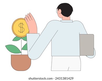 Investment illustration. Businessman or student invest money in self development, future and education. Personal finance management and financial literacy concept. Man plant money tree with coins.