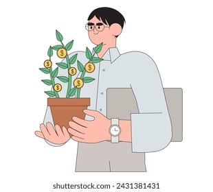 Investment illustration. Businessman or student invest money in self development, future and education. Personal finance management and financial literacy concept. Man plant money tree with coins.
