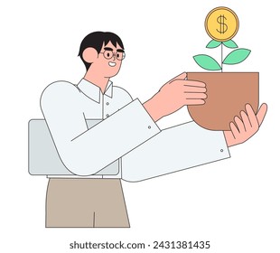 Investment illustration. Businessman or student invest money in self development, future and education. Personal finance management and financial literacy concept. Man plant money tree with coins.